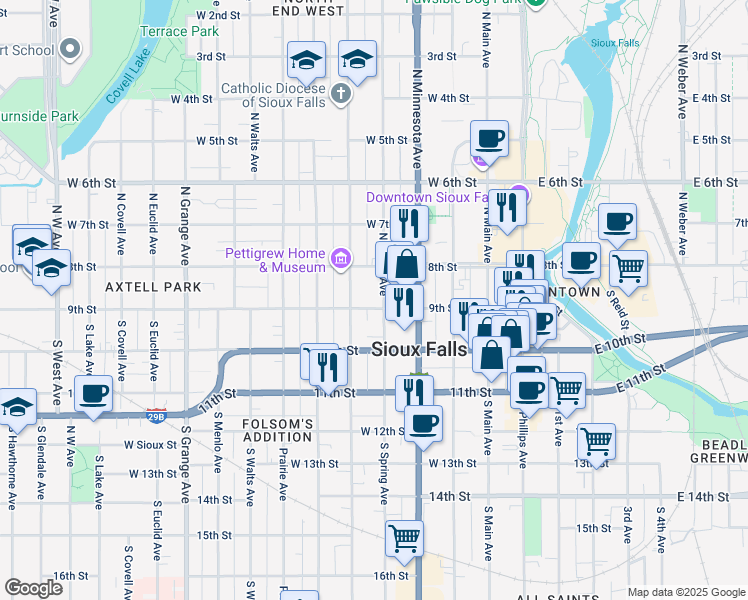 map of restaurants, bars, coffee shops, grocery stores, and more near 109 North Spring Avenue in Sioux Falls