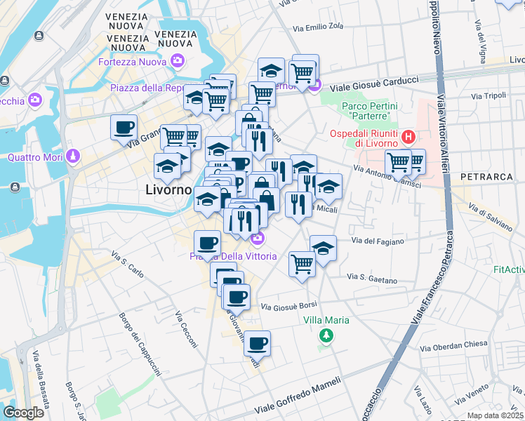 map of restaurants, bars, coffee shops, grocery stores, and more near 183 Corso Amedeo in Livorno