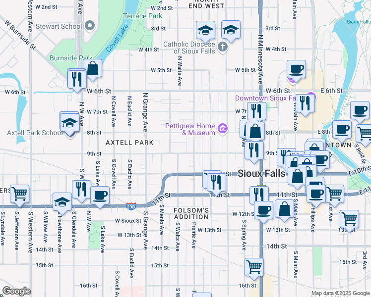 map of restaurants, bars, coffee shops, grocery stores, and more near 810 West 9th Street in Sioux Falls