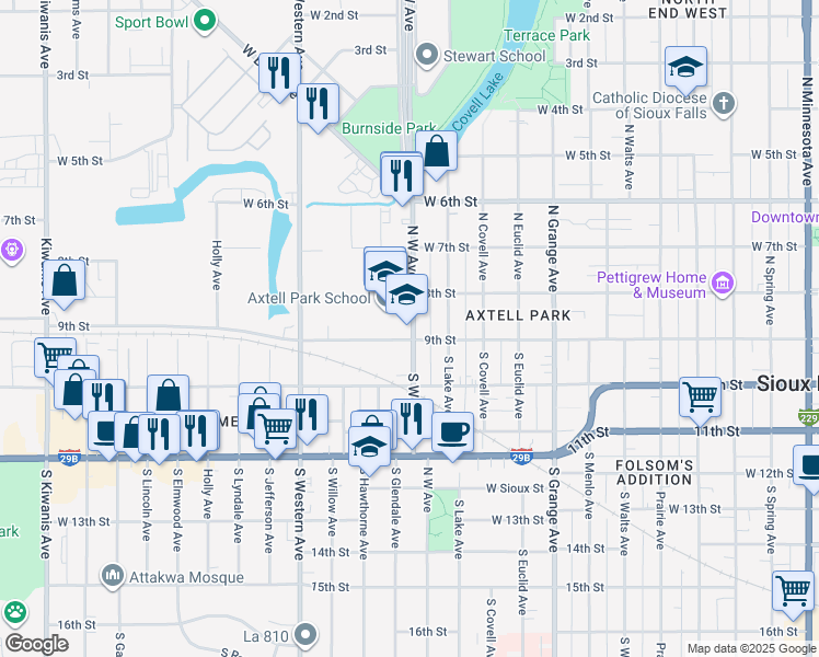 map of restaurants, bars, coffee shops, grocery stores, and more near South West Avenue in Sioux Falls