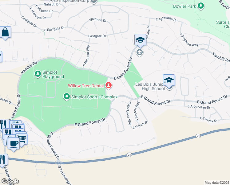 map of restaurants, bars, coffee shops, grocery stores, and more near 3533 East Lake Forest Drive in Boise