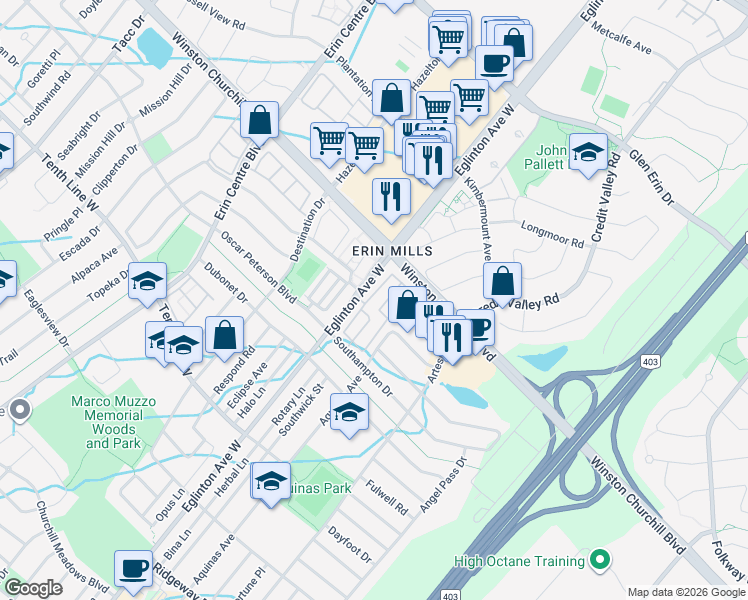 map of restaurants, bars, coffee shops, grocery stores, and more near in Mississauga