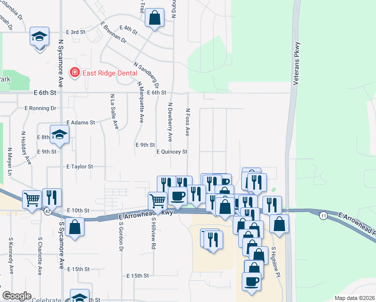 map of restaurants, bars, coffee shops, grocery stores, and more near 101-399 N Rochelle Pl in Sioux Falls