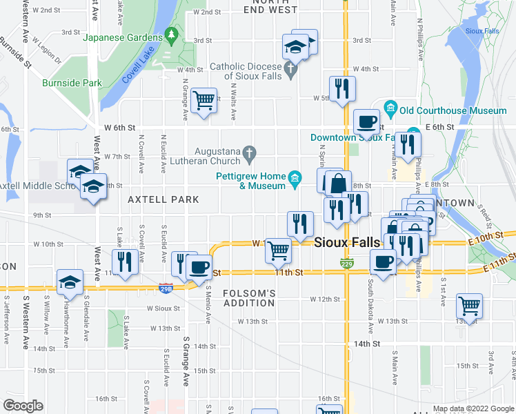 map of restaurants, bars, coffee shops, grocery stores, and more near 126 North Prairie Avenue in Sioux Falls