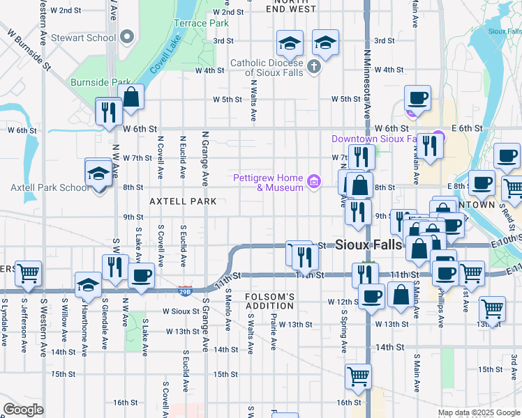 map of restaurants, bars, coffee shops, grocery stores, and more near 810 West 9th Street in Sioux Falls