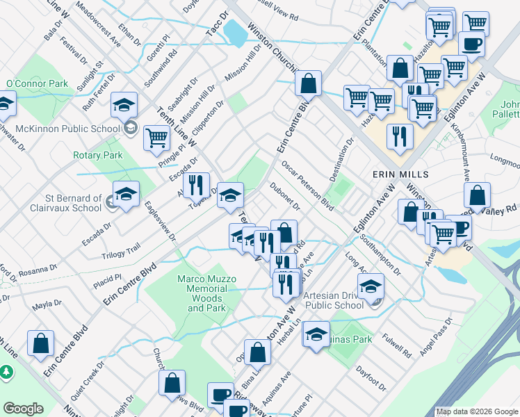 map of restaurants, bars, coffee shops, grocery stores, and more near in Mississauga