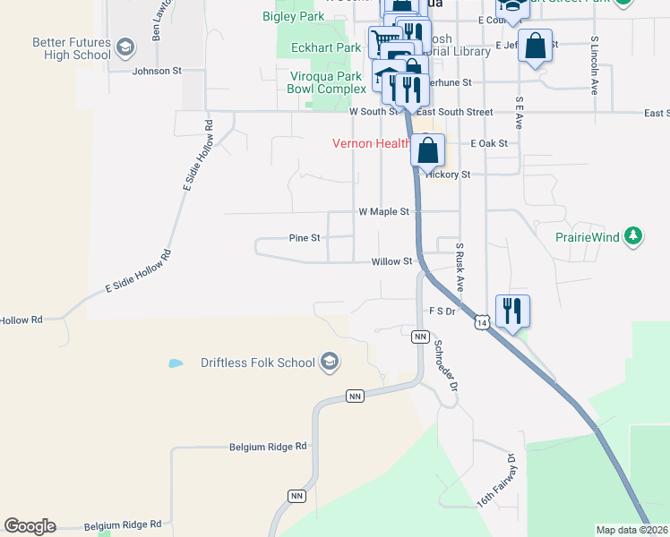 map of restaurants, bars, coffee shops, grocery stores, and more near 320 Willow Street in Viroqua