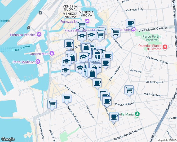 map of restaurants, bars, coffee shops, grocery stores, and more near in Livorno