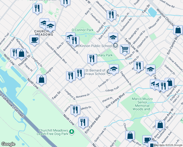 map of restaurants, bars, coffee shops, grocery stores, and more near 5456 Freshwater Drive in Mississauga