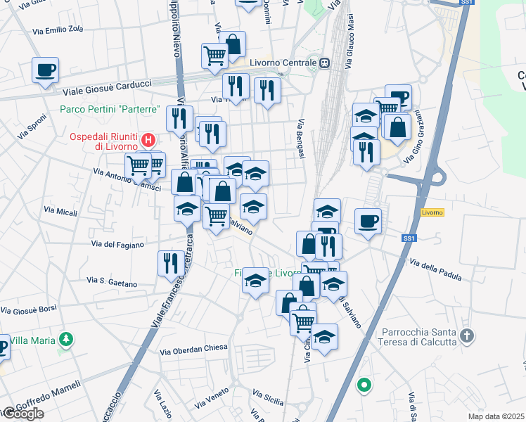 map of restaurants, bars, coffee shops, grocery stores, and more near 81 Viale del Risorgimento in Livorno