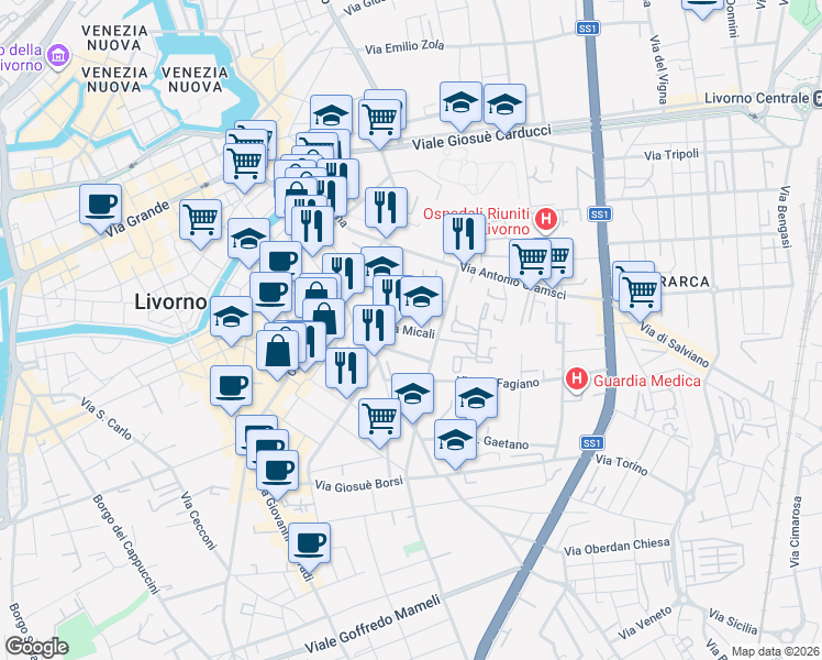 map of restaurants, bars, coffee shops, grocery stores, and more near 13 Via Micali in Livorno