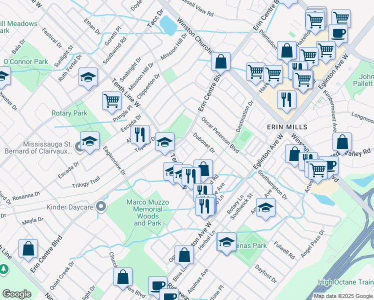 map of restaurants, bars, coffee shops, grocery stores, and more near in Mississauga