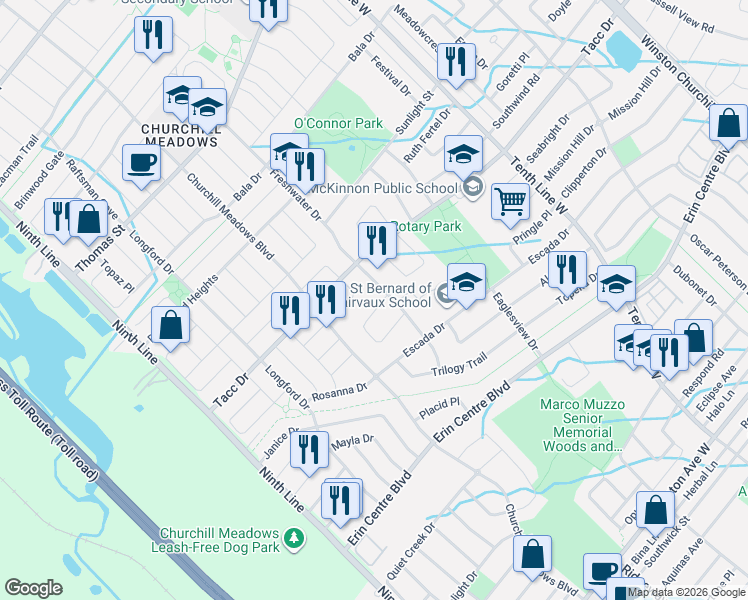 map of restaurants, bars, coffee shops, grocery stores, and more near 3604 Steeple Chase Crescent in Mississauga