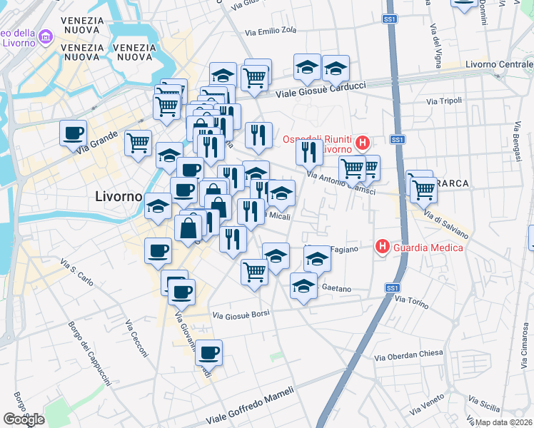 map of restaurants, bars, coffee shops, grocery stores, and more near 13 Via Micali in Livorno