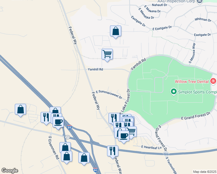 map of restaurants, bars, coffee shops, grocery stores, and more near 2160 East Summersweet Drive in Boise