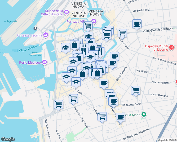map of restaurants, bars, coffee shops, grocery stores, and more near 5 Via dei Lanzi in Livorno