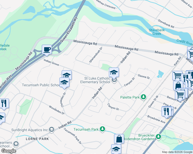 map of restaurants, bars, coffee shops, grocery stores, and more near 1373 Indian Grove in Mississauga