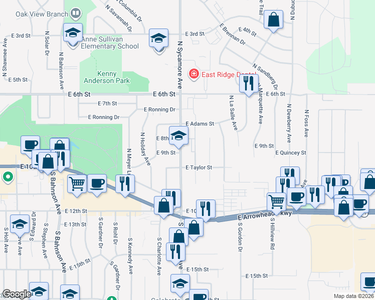 map of restaurants, bars, coffee shops, grocery stores, and more near 100 North Sycamore Avenue in Sioux Falls