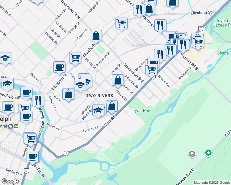 map of restaurants, bars, coffee shops, grocery stores, and more near 149 Morris Street in Guelph