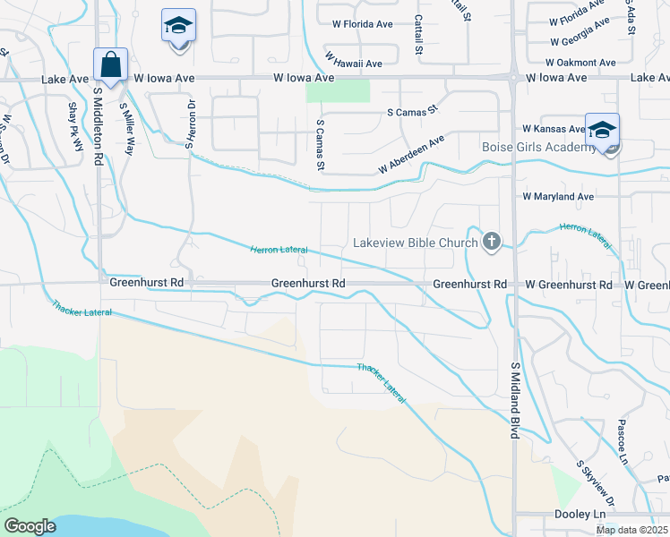 map of restaurants, bars, coffee shops, grocery stores, and more near 714 Stony Meadow Drive in Nampa