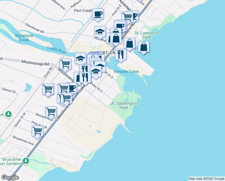 map of restaurants, bars, coffee shops, grocery stores, and more near 38 John Street South in Mississauga