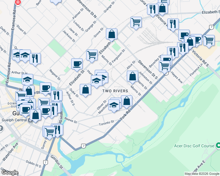 map of restaurants, bars, coffee shops, grocery stores, and more near 120 Huron Street in Guelph