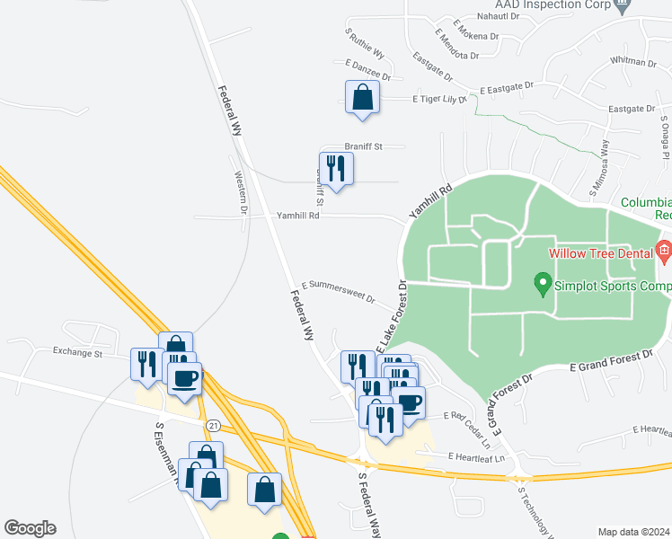 map of restaurants, bars, coffee shops, grocery stores, and more near 2150 East Summersweet Drive in Boise