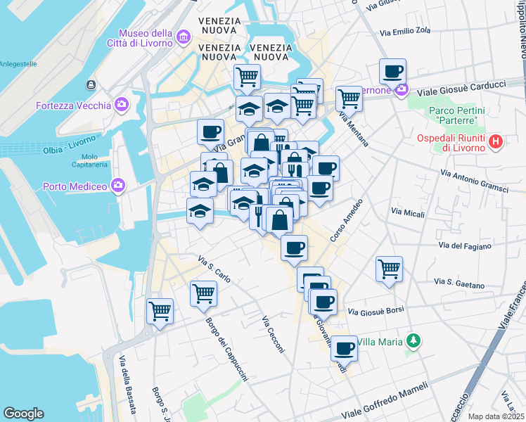 map of restaurants, bars, coffee shops, grocery stores, and more near in Livorno