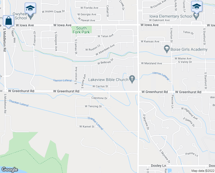 map of restaurants, bars, coffee shops, grocery stores, and more near West Cactus Street in Nampa