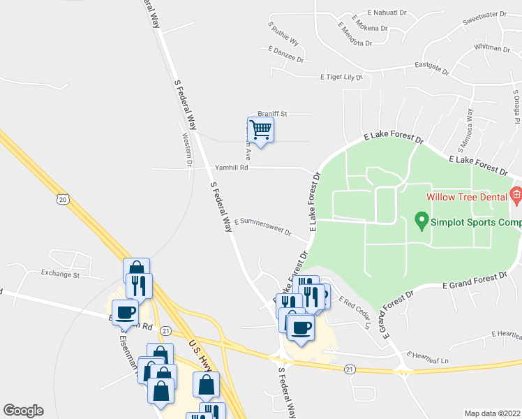 map of restaurants, bars, coffee shops, grocery stores, and more near 2148 East Summersweet Drive in Boise