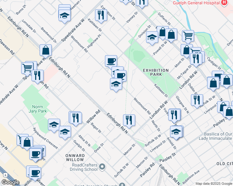 map of restaurants, bars, coffee shops, grocery stores, and more near 54 Westmount Road in Guelph