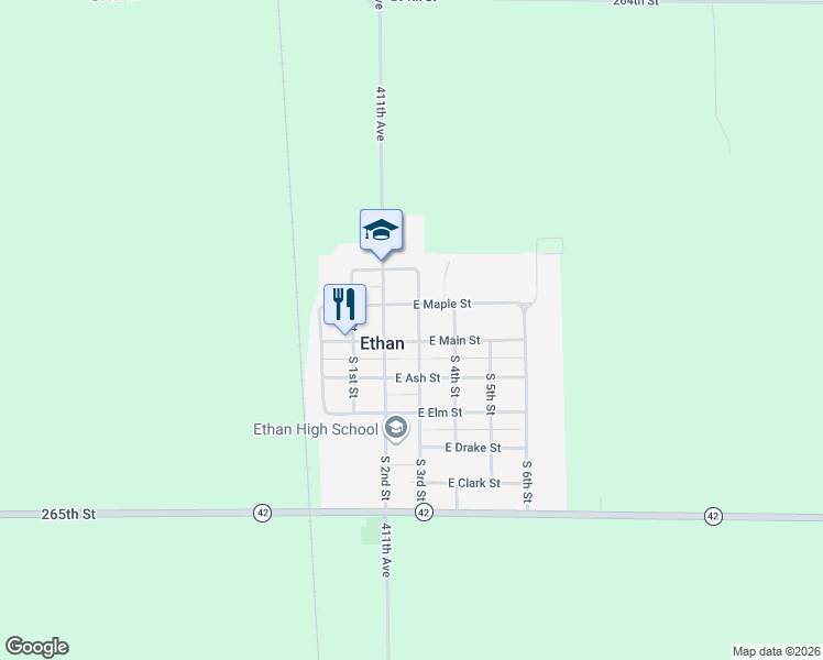 map of restaurants, bars, coffee shops, grocery stores, and more near 101-199 North 3rd Street in Ethan