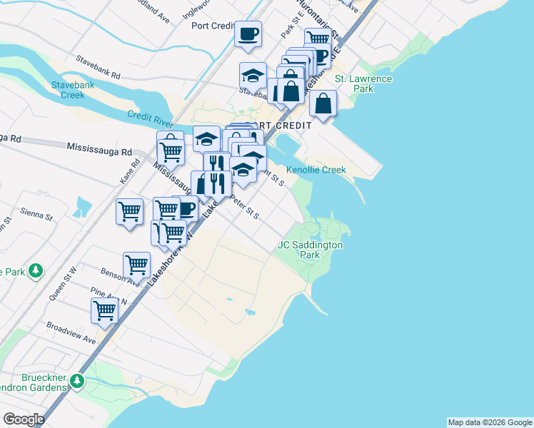 map of restaurants, bars, coffee shops, grocery stores, and more near 46 Bay Street in Mississauga
