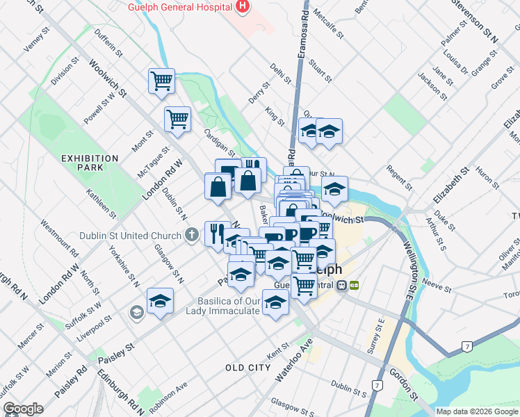 map of restaurants, bars, coffee shops, grocery stores, and more near 76 Baker Street in Guelph