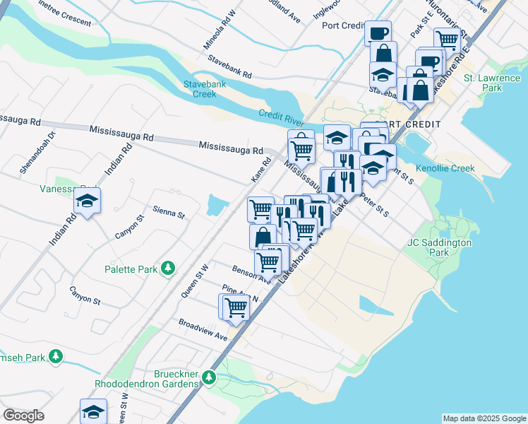 map of restaurants, bars, coffee shops, grocery stores, and more near 94 Park Street West in Mississauga