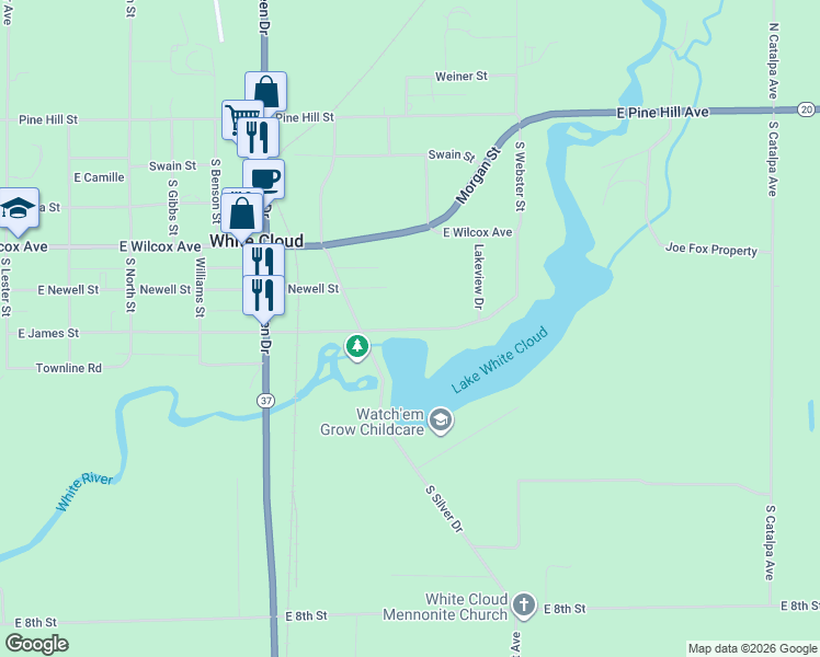 map of restaurants, bars, coffee shops, grocery stores, and more near 1413 East James Street in White Cloud