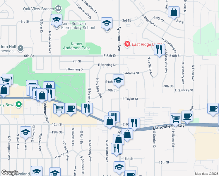 map of restaurants, bars, coffee shops, grocery stores, and more near 4301-4399 E Walker Way in Sioux Falls