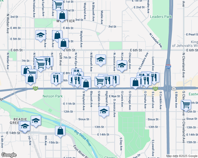 map of restaurants, bars, coffee shops, grocery stores, and more near 115 North Mable Avenue in Sioux Falls