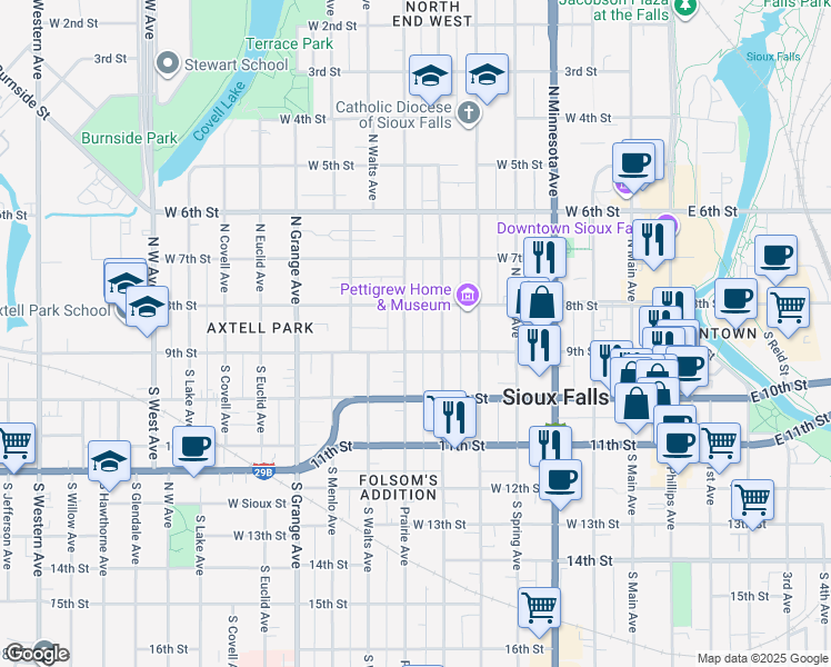 map of restaurants, bars, coffee shops, grocery stores, and more near 126 North Prairie Avenue in Sioux Falls