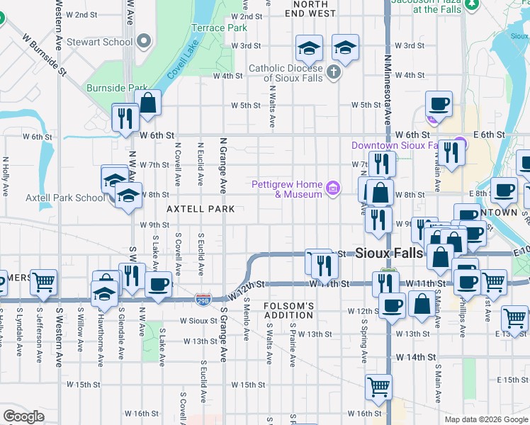 map of restaurants, bars, coffee shops, grocery stores, and more near 115 North Trapp Avenue in Sioux Falls