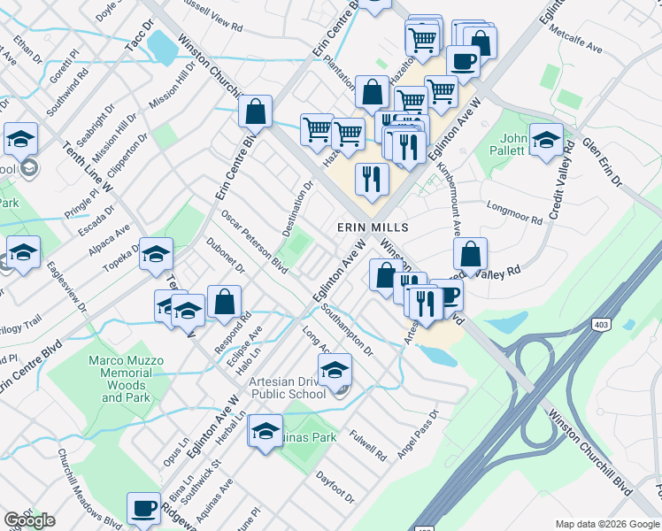 map of restaurants, bars, coffee shops, grocery stores, and more near 5035 Oscar Peterson Boulevard in Mississauga