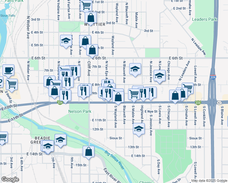 map of restaurants, bars, coffee shops, grocery stores, and more near 1420 East 9th Street in Sioux Falls
