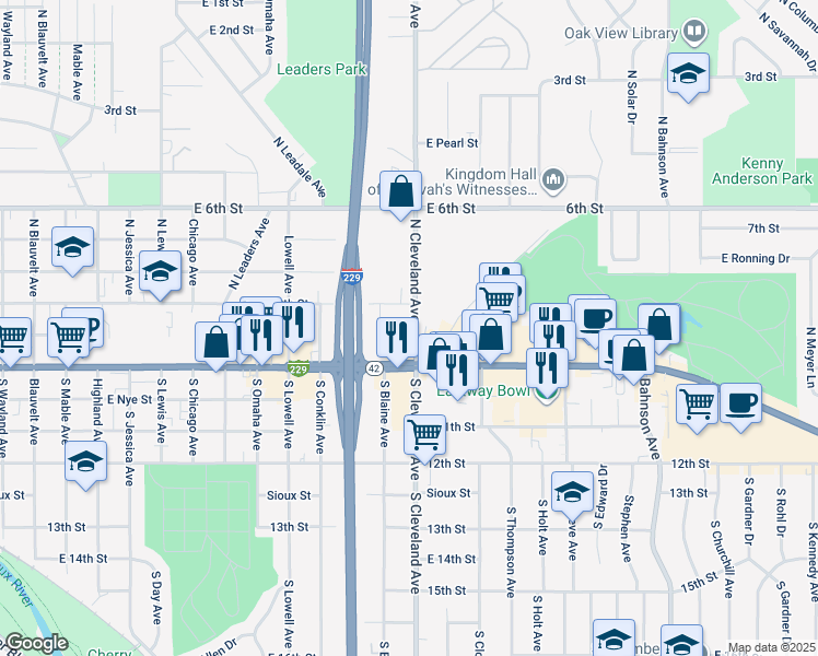 map of restaurants, bars, coffee shops, grocery stores, and more near 111 North Cleveland Avenue in Sioux Falls