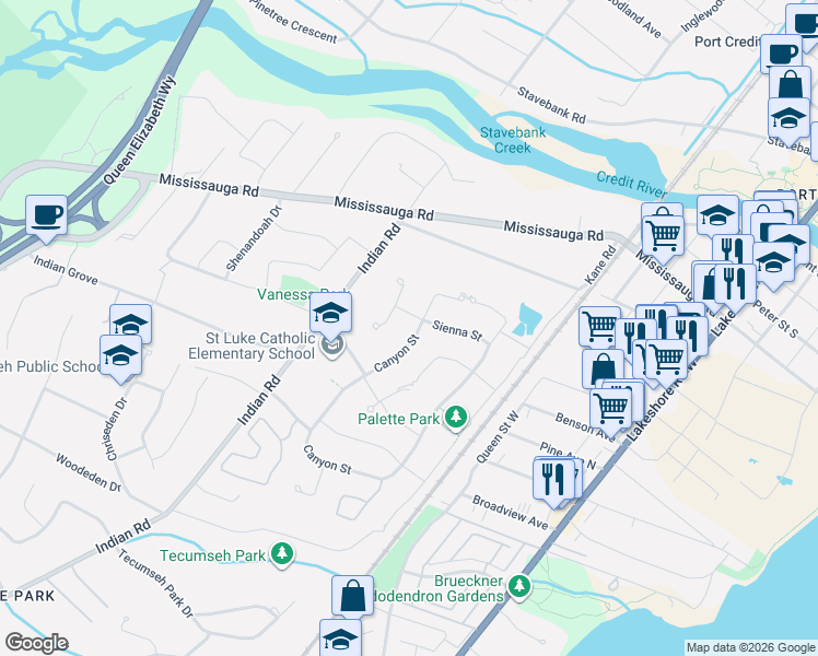 map of restaurants, bars, coffee shops, grocery stores, and more near 535 Canyon Street in Mississauga