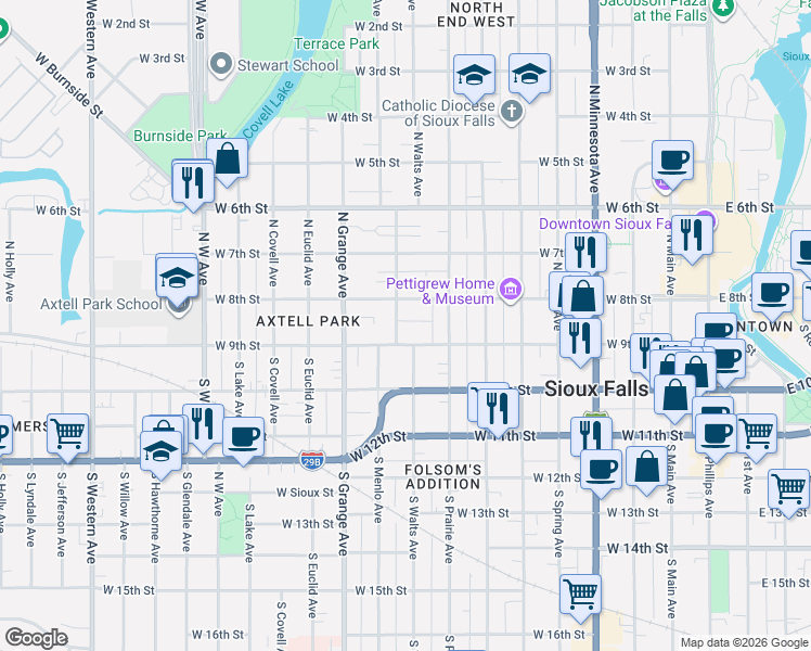 map of restaurants, bars, coffee shops, grocery stores, and more near 115 North Trapp Avenue in Sioux Falls