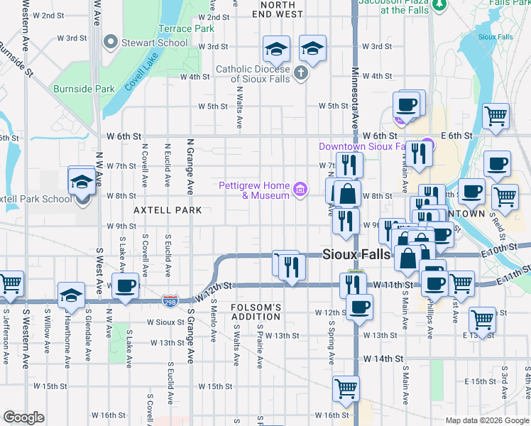 map of restaurants, bars, coffee shops, grocery stores, and more near 126 North Prairie Avenue in Sioux Falls