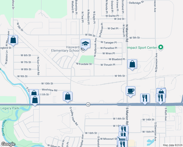 map of restaurants, bars, coffee shops, grocery stores, and more near 100-244 North Holbrook Avenue in Sioux Falls