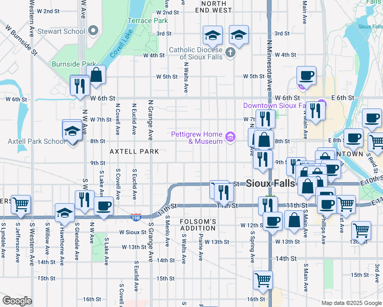 map of restaurants, bars, coffee shops, grocery stores, and more near 810 West 9th Street in Sioux Falls