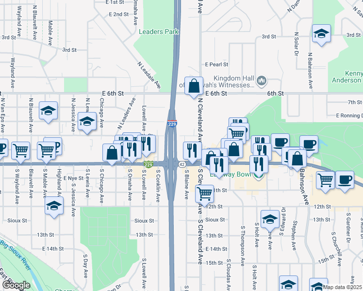 map of restaurants, bars, coffee shops, grocery stores, and more near 2601 East 8th Street in Sioux Falls