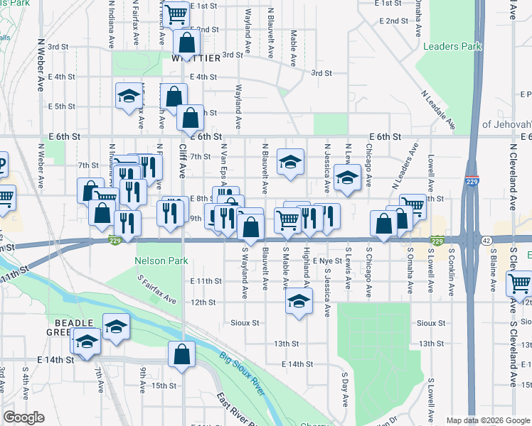 map of restaurants, bars, coffee shops, grocery stores, and more near 105 North Blauvelt Avenue in Sioux Falls